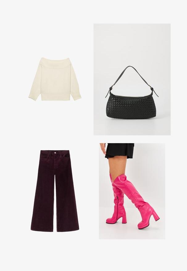 Maglione crema scollato con collo a costine, maniche a tre quarti e vestibilità corta. Tessuto morbido, design minimale.; Pantaloni in corduroy a gamba larga di un profondo bordeaux, con vita alta, chiusura con bottone e design classico a cinque tasche con texture a coste.; Stivali rosa sopra il ginocchio realizzati in pelle liscia, con un tacco alto e spesso e una zip laterale, caratterizzati da una parte superiore piegata per un tocco di design in più.; Borsa a spalla nera intrecciata con tracolla in pelle liscia e chiusura con zip. Presenta una superficie texturizzata e una forma curvata.