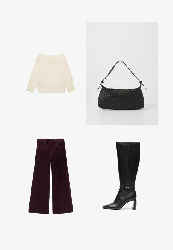 Af-skulderen cremefarvet sweater med en ribbet hals, trekvartlange ærmer og en kort pasform. Blød tekstur, minimalistisk design.; Vide ben corduroy bukser i dyb burgunder, med høj talje, knaplukning og klassisk fem-lomme design med ribbet tekstur.; Sorte læderknæhøje støvler med spids tå og tyk hæl. Har en rem med en cirkulær detalje ved anklen.; Sort vævet skuldertaske med en glat læderrem og lynlåslukning. Har en tekstureret overflade og en buet form.