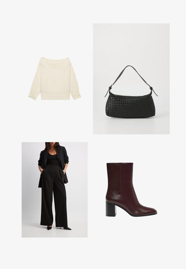 Krémový sveter bez ramienok s ribovaným výstrihom, rukávmi po tri štvrtiny a skráteným strihom. Mäkká textúra, minimalistický dizajn.; Čierny prispôsobený blazer v kombinácii s širokými čiernymi nohavicami s plisovaním a bočnými vreckami. Model má na sebe čierne špicaté lodičky.; Burgundské ankle boots vyrobené z hladkej kože, vybavené špicatou špičkou a robustným, textúrovaným čiernym podpätkom. Minimalistický dizajn s čistými líniami.; Čierna tkaná taška cez plece s hladkým koženým remienkom a zipsovým uzáverom. Disponuje štruktúrovaným povrchom a zakriveným tvarom.