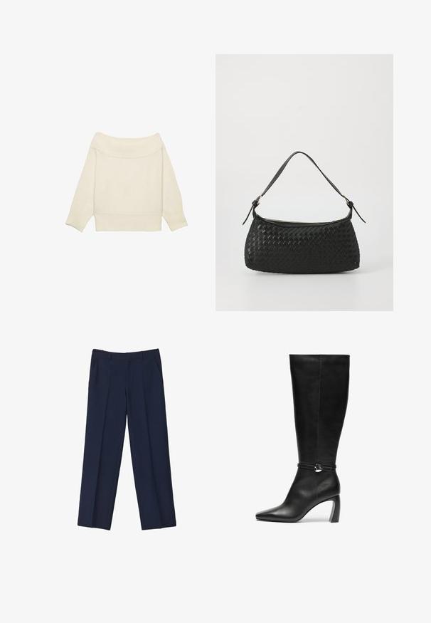 Maglione crema scollato con collo a costine, maniche a tre quarti e vestibilità corta. Tessuto morbido, design minimale.; Pantaloni tailored blu navy con gamba dritta, dotati di pieghe frontali e tasche laterali. Il tessuto appare liscio e strutturato.; Stivali alti neri in pelle fino al ginocchio con punta affusolata e tacco spesso. Presentano una cinghia con un dettaglio a cerchio alla caviglia.; Borsa a spalla nera intrecciata con tracolla in pelle liscia e chiusura con zip. Presenta una superficie texturizzata e una forma curvata.