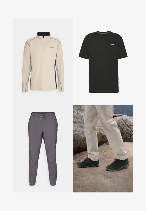 Bežs flīsa pulovers ar melnu sānu paneli, ceturtdaļas rāvējslēdzēja priekšpusi un kontrastējošām šuvēm. Iezīmēts ar nelielu logotipu uz krūtīm.; Melns kokvilnas T-krekls ar īsām piedurknēm, apaļu kakla izgriezumu un nelielu baltu "Patagonia" logo uz krūšu daļas. Vienkāršs, neizgreznots dizains.; Pelēki, viegli, elastīgas jostas bikses ar regulējamu auklu; sašaurinātas kājas; gluda tekstūra; ar logo detaļu sānos.; Lowa BELLAGIO GTX LO - Pārgājienu apavi - oliv