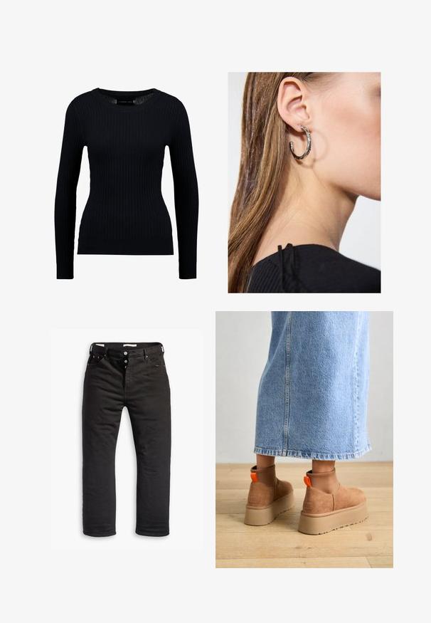 Črna rebrasta dolgoslačna pulover s krožnim izrezom in oprijetim krojem. Tekstura je gladka z rahlo elastičnostjo po celotni površini.; Črne kavbojke iz denima s ravnim krojem, ki vključujejo zapiranje na gumb, pet žepov in diskretne šive. Gladka tekstura.; Rjave suede platform čizme z elastičnimi stranskimi paneli in oranžnimi zankami, v kombinaciji s svetlobno denim krilom do kolen na lesenem tleh.; Srebrna obročasta uhana s polirano površino, ki vključuje majhne zlate poudarke in okroglo obliko, nošena na ušesnem lobu.