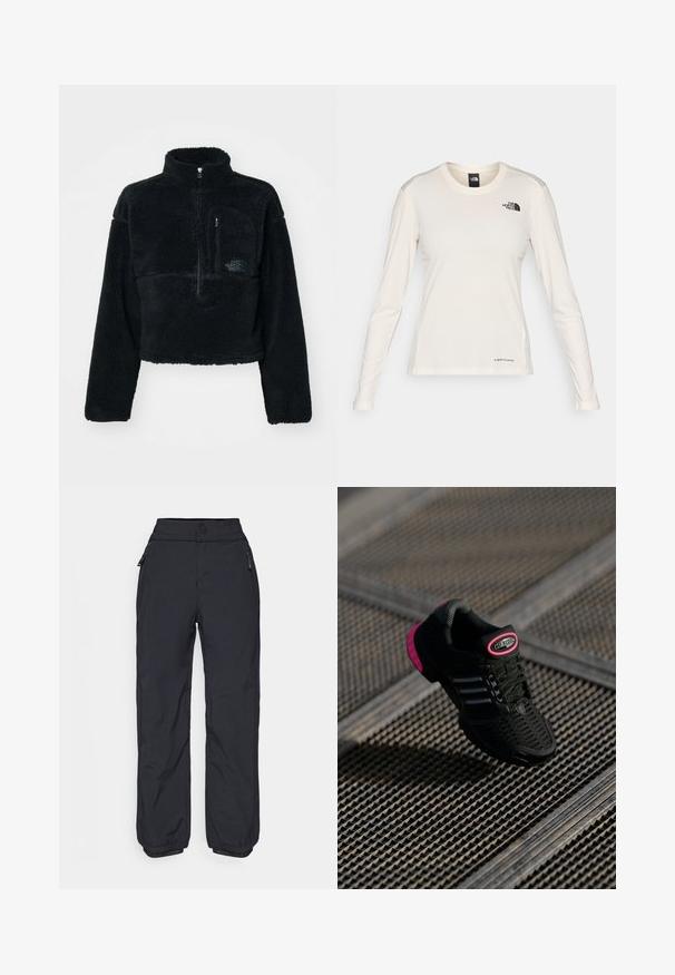 Svart fleece-pullover-jakke med høy krage, halv glidelås foran og brystlomme. Teksturert stoff og brodert logo på lommen.; The North Face SHADOW LONG SLEEVE - Topper langermet - white dune; Svart, vanntette bukser med rett ben-design, glidelås-lommer på sidene og elastiske mansjetter ved anklene. Glatt tekstur og holdbart materiale.; Svart atletisk sko med mesh-overdel, rosa detaljer og svarte stripete detaljer. Har en teksturert såle og en logomerke på hælen.