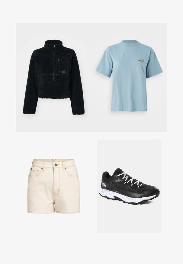 Czarny polarowy sweter z wysokim kołnierzem, półsuwnym przodem i kieszenią na piersi. Teksturowana tkanina i haftowane logo na kieszeni.; Jasnoniebieska bawełniana koszulka z krótkim rękawem, okrągłym dekoltem i małym logo Carhartt w kolorze żółtym i czerwonym na lewej piersi.; Beżowe szorty dżinsowe z wysokim stanem, z kontrastowymi żółtymi przeszyciami, kieszeniami z przodu i metalowym zapięciem z logo.; Czarny but sportowy z siateczkową cholewką i teksturowanym wzornictwem. Posiada białą, plastra midsole, grubą czarną podeszwę i odblaskowe sznurowadła.