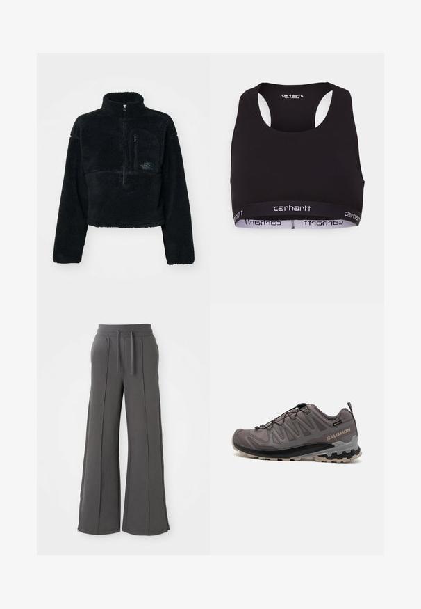 Pull en polaire noir avec un col montant, fermeture éclair sur le devant à mi-hauteur et poche sur la poitrine. Tissu texturé et logo brodé sur la poche.; Soutien-gorge de sport noir avec un col rond et un dos nageur. Dispose d'une taille renforcée avec une marque "Carhartt" blanche. Texture de tissu douce.; Pantalons de survêtement large gris foncé avec coutures frontales, taille élastique, cordons de serrage, poches latérales et bases zippées sur un fond blanc.; Chaussure de plein air grise avec une tige en mesh et en synthétique, un col rembourré et une semelle texturée dotée de profondes rainures pour une meilleure adhérence. Système de laçage ajustable.