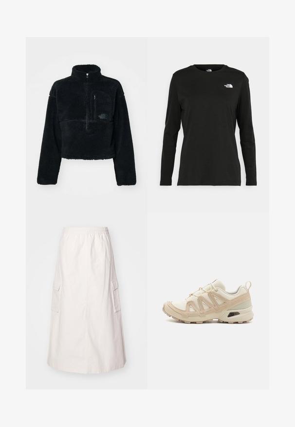 Črn flis pulover z visokim ovratnikom, polovičnim zadrgo spredaj in žepom na prsih. Teksturovan material in vezen logotip na žepu.; Črna majica z dolgimi rokavi iz bombaža z okroglo izrezom. Ima majhen bel logotip na levem prsnem delu. Enostaven dizajn in prileganje.; Svetlo bež krilo do kolen s elastičnim pasom. Ima dva stranska žepa in ravno rezami s gladko teksturo.; Bež in krem športni čevlji z teksturiranim mrežastim zgornjim delom, podpornimi prekrivali in gumijastim podplatom z vzorcem za oprijem.