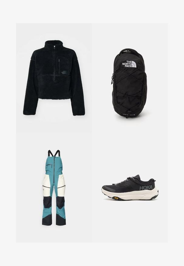 Zwarte fleece pulloverjas met hoge kraag, halve ritssluiting aan de voorkant en borstzak. Structuurstof en geborduurde logo op de zak.; Peak Performance VERTICAL GORE-TEX PRO BIB - Skibroek - hydro fresh/sand fog; Zwarte sportschoenen met een ademend bovenwerk van mesh, rubberen buitenzool, witte dempende tussenzool en reflecterende veters. Vibram-logo op de buitenzool.; Zwarte rugzak met een gestructureerde afwerking, met een wit logo, een bungeekoordontwerp aan de voorkant en verstelbare gevoerde schouderbanden.