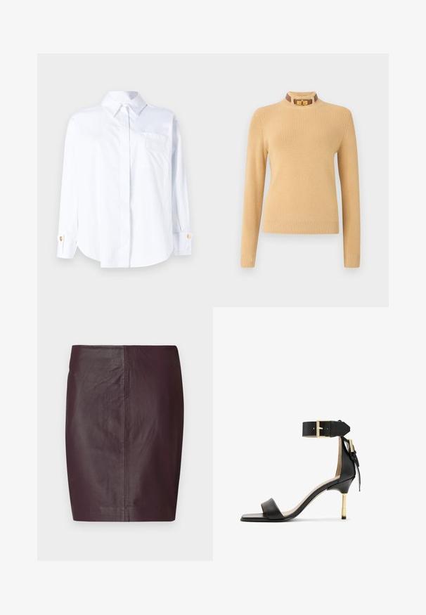 Knit sweater in light beige with long sleeves and a ribbed texture. Features a high collar with a brown accent and a gold clasp.; Elisabetta Franchi Button-down blouse - bianco; Dark burgundy leather skirt with a smooth texture, fitted design, and a straight silhouette. Features minimal seams and no visible hardware.; Black leather heeled sandal with a square toe, ankle strap featuring a gold buckle, and a slender metallic heel. Smooth texture, minimalist design.