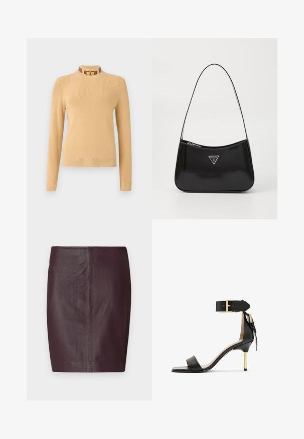 Švarkelis megztas šviesiai kreminės spalvos su ilgomis rankovėmis ir raukšlėtu paviršiumi. Savyje turi aukštą apykaklę su rudos spalvos akcentu ir auksiniu sagtimi.; Tamsiai burgundiškai raudona odinė sijonas su lygiu paviršiumi, prigludusia forma ir tiesia siluetu. Turi minimaliai siūlių ir nematomų detalių.; Juodas odinis aukštakulnis šlepetės su kvadrato formos pirštu, kulkšnies dirželiu su auksiniu užsegimu ir liesu metaliniu kulnu. Lygus paviršius, minimalistinis dizainas.; Juodas lakinės odos peties krepšys, turintis kreivą formą, su sidabriniu trikampio logotipu ir užtrauktuko uždarymu. Lygus paviršius ir siauras diržas.