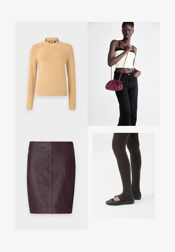 Striktrøje i lys beige med lange ærmer og ribbete tekstur. Har en høj krave med en brun accent og en guldkrog.; Mørk burgunder læder nederdel med en glat overflade, tætsiddende design og en lige silhuet. Karakteriseret ved minimale sømme og ingen synligt hardware.; Sorte flade sko med en lille sløjfedetalje ved tåen, parret med mørkebrune ribbede strømpebukser. Skoene har en glat overflade og lav profil.; Bordeaux blødt stof håndtaske med en sammenpresset design og en lang rem, båret som crossbody. Modellen bærer en hvid cropped top og sorte jeans.