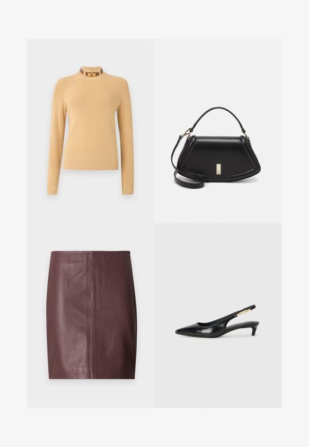 Maglione a maglia in beige chiaro con maniche lunghe e una texture a costine. Presenta un colletto alto con un dettaglio marrone e una chiusura dorata.; Gonna a matita in pelle marrone scuro con un davanti dritto e liscio e dettagli di cucitura verticale sottile lungo il centro.; Tacchi slingback in pelle nera con punta affusolata, caratterizzati da un tacco alto e un accento dorato sulla cinghia regolabile. Texture liscia.; Borsa a mano in pelle nera con un design strutturato, caratterizzata da una forma corta, manico superiore e accessori in metallo dorato. Inclusa tracolla regolabile.