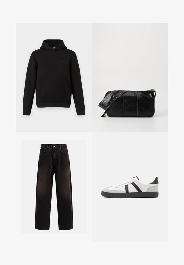 Zwarte hoodie met een voorzak, lange mouwen en een kleine horizontale naaddetail op de linkerborst tegen een witte achtergrond.; Zwarte denim spijkerbroek met een relaxed fit, voorzien van riemlussen, vijf zakken en een knoopsluiting. Gestructureerde stof met een lichte vervaging.; Witte sneaker met zwarte en grijze accenten, voorzien van een grijze neus met textuur, zwarte rubberen zool en platte witte veters. Schoon ontwerp, minimalistische stijl.; Zwarte leren schoudertas met een ritsluiting, voorzien van een gestructureerd lichaam, witte stiksels en een band met zilveren oogjes.