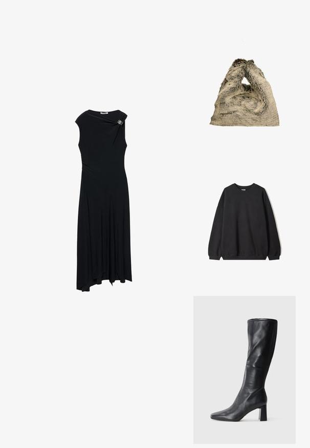 Schwarzes oversized Sweatshirt mit Rundhalsausschnitt und langen Ärmeln, vor einem weißen Hintergrund präsentiert. Einfaches und lässiges Design.; Schwarzes Kleid aus glattem Stoff, mit einem schulterfreien Design, drapiertem Rock und einer dekorativen silbernen Brosche an der Schulter.; Schwarze Lederkniehohe Stiefel mit spitzer Zehe und blockartigem Absatz. Glatte Oberfläche mit eleganter Form und dezenten Stichdetails.; Faux-Fell-Tasche in Hellgrau mit einer weichen, strukturierten Oberfläche. Einzigartige lässige Form mit einem geschlungenen Griff zum Tragen.