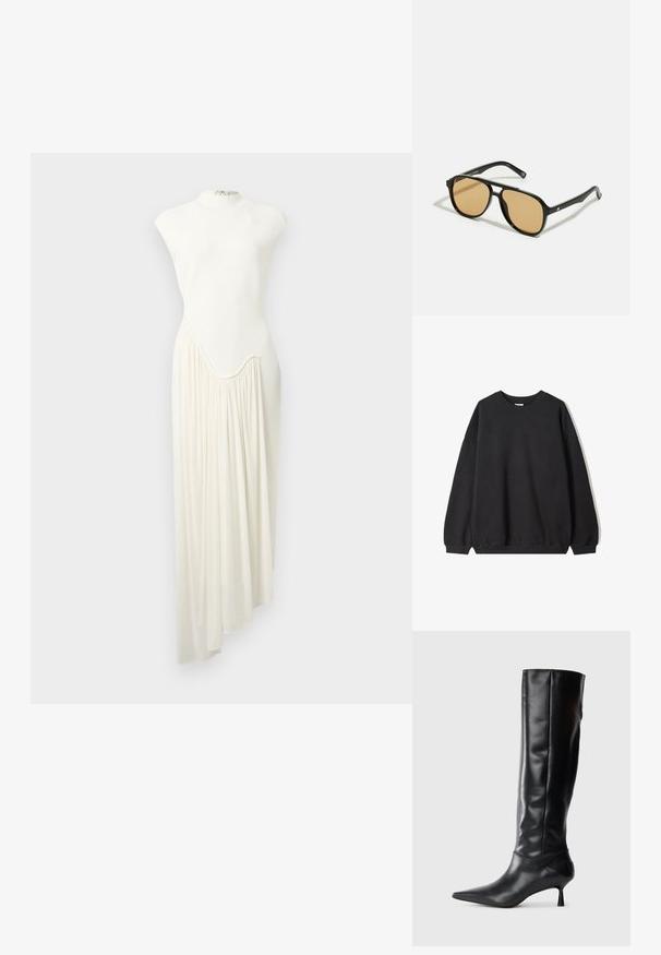 Hanorac negru oversized cu guler rotund și mâneci lungi, expus pe un fundal alb. Design simplu și casual.; Rochie lungă, asimetrică, din material alb, cu guler înalt și fustă adunată și fluidă pe o parte. Textură netedă și design minimalist.; Botine negre din piele, până la genunchi, cu vârf ascuțit și toc subțire, curbat. Textură netedă, design ajustat și fără elemente de prindere sau modele vizibile.; Ochelari de soare negri cu lentile de culoare maro; formă rectangulară cu un cadru gros, inclusiv accente hardware subtile pe mânere.