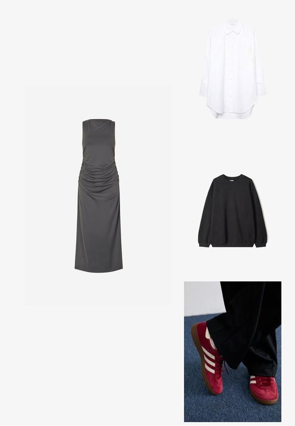 Černá oversized mikina s kulatým výstřihem a dlouhými rukávy, umístěná na bílém pozadí. Jednoduchý a neformální design.; Tmavě šedé midi šaty bez rukávů s nařasenými boky a vysokým výstřihem na bílém jednobarevném pozadí.; Bílá košile s dlouhým rukávem a zapínáním na knoflíky, s špičatým límcem a zakulaceným lemem, vystavená na jednobarevném pozadí.; Červené nubukové tenisky s bílými pruhy, šněrovací design a textura hnědé gumové podrážky. Noseny s černými kalhotami na modrém koberci.