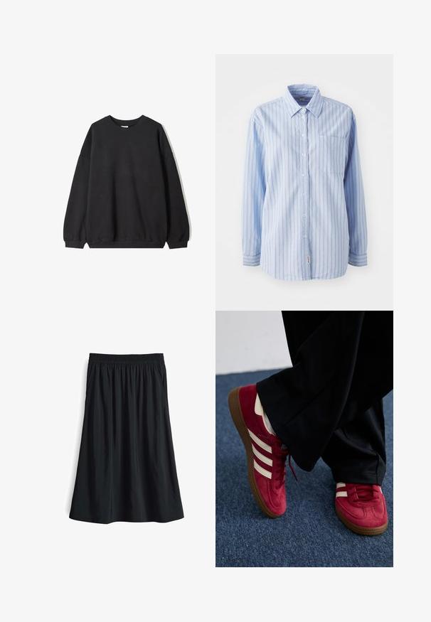 Schwarzes oversized Sweatshirt mit Rundhalsausschnitt und langen Ärmeln, vor einem weißen Hintergrund präsentiert. Einfaches und lässiges Design.; Himmelblaues Hemd mit Knöpfen, vertikalen Streifen, langen Ärmeln, einer Brusttasche und einem Logofähnchen am Saum. Weicher Stoff mit glatter Textur.; Schwarzer, knielanger Rock mit elastischem Bund, der eine glatte Textur und ein ausgestelltes Design aufweist, das Bewegungsfreiheit ermöglicht.; Rote Wildledersneaker mit weißen Streifen, Schnürdesign und strukturiertem braunem Gummisohle. Getragen mit schwarzen Hosen, vor einem blauen Teppich.