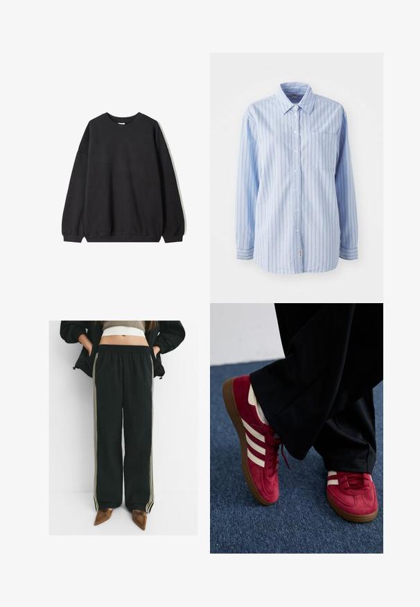 Čierna voľná mikina s okrúhlym výstrihom a dlhými rukávmi, vystavená na bielom pozadí. Jednoduchý a neformálny dizajn.; Svetlomodrá košeľa na gombíky s vertikálnymi pruhmi, dlhými rukávmi, náprsné vrecko a štítok s logom na spodnej strane. Mäkká látka s hladkou textúrou.; Čierne, voľné joggingové nohavice s elastickým pásom a bočnými vreckami, zdobené kontrastnými svetlobéžovými prúžkami pozdĺž nohavíc.; Červené semišové tenisky s bielymi pruhmi, šnurovací dizajn a textúrovaná hnedá gumová podrážka. Nosené s čiernymi nohavicami, na pozadí modrého koberca.