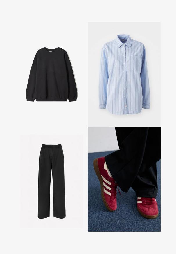 Black oversized sweatshirt with a crew neck and long sleeves, displayed against a white background. Simple and casual design.; Light blue button-up shirt with vertical stripes, long sleeves, a chest pocket, and a logo tag at the hem. Soft fabric with smooth texture.; Black wide-leg trousers made from a smooth fabric, featuring a tailored design, front pleats, and belt loops at the waistband.; Red suede sneaker with white stripes, lace-up design, and textured brown rubber sole. Worn with black pants, set against blue carpet.