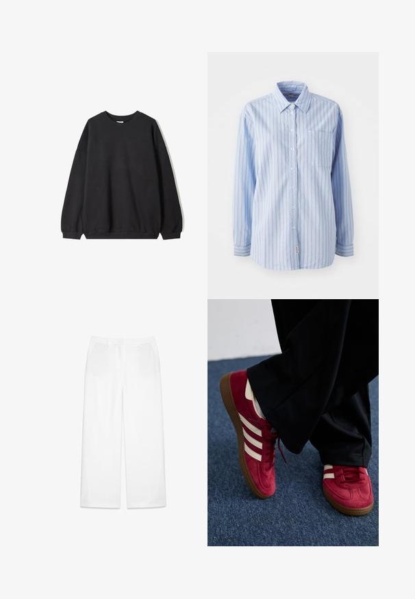Sort oversized sweatshirt med rund hals og lange ærmer, vist mod en hvid baggrund. Simpelt og afslappet design.; Lysblå skjorte med knapfront, vertikale striber, lange ærmer, en brystlomme og et logomærke i kanten. Blødt stof med glat tekstur.; Hvide vide bukser lavet af glat stof, med frontlommer og en flad talje med bæltestropper.; Røde ruskinds sneakers med hvide striber, snørebåndsdesign og tekstureret brun gummisål. Båret med sorte bukser, sat mod blå tæppe.