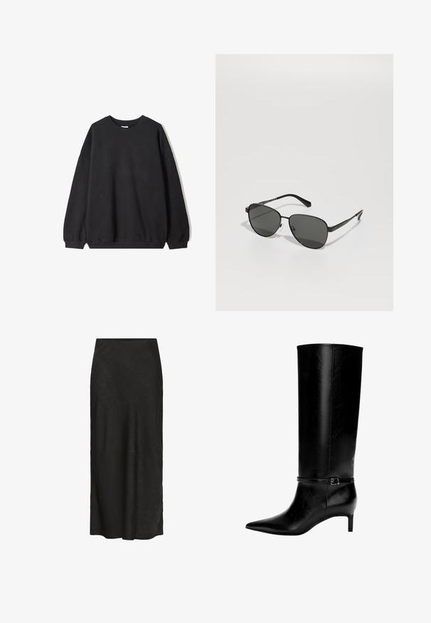 Sort oversized sweatshirt med rund hals og lange ærmer, vist mod en hvid baggrund. Simpelt og afslappet design.; Hvid langærmet skjorte med knapper, spids krave og rundet kant, præsenteret mod en ensfarvet baggrund.; Sort, gulvlange nederdel lavet af struktureret stof. Har en glat talje, let fald og et minimalt design uden yderligere detaljer.; Sort læderknæhøj støvle med spids tå og en lille hæl. Har en smal rem med en metallisk spænde omkring anklen. Glat overflade.; Sorte metalstel solbriller med grå linser, der har oval form, tynde arme og justerbare næsepads. Minimalistisk design.; Sort læderhåndtaske med en unik vifteform, der har flade håndtag. Overfladen har en pebblelignende tekstur og et minimalistisk design.