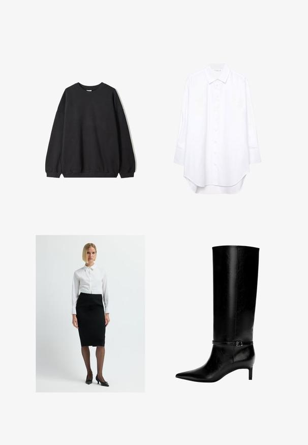 Schwarzes oversized Sweatshirt mit Rundhalsausschnitt und langen Ärmeln, vor einem weißen Hintergrund präsentiert. Einfaches und lässiges Design.; Weißes Langarm-Hemd mit Knopfleiste, spitzen Kragen und abgerundetem Saum, vor einem schlichten Hintergrund präsentiert.; Weißes, kragenloses Hemd mit Knopfverschluss, kombiniert mit einem figurbetonten schwarzen Bleistiftrock, durchsichtigen Strumpfhosen und schwarzen spitzen High Heels.; Schwarze Lederstiefel bis zum Knie mit spitzer Zehe und kleinem Absatz. Verfügt über einen schmalen Riemen mit einer metallischen Schnalle am Knöchel. Glatte Textur.