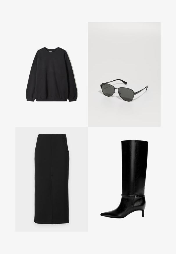 Schwarzes oversized Sweatshirt mit Rundhalsausschnitt und langen Ärmeln, vor einem weißen Hintergrund präsentiert. Einfaches und lässiges Design.; Weißes Langarm-Hemd mit Knopfleiste, spitzen Kragen und abgerundetem Saum, vor einem schlichten Hintergrund präsentiert.; Schwarzer Midirock aus weichem, dehnbarem Stoff mit gerader Silhouette, ausgestattet mit Seitentaschen und einer Mittelnaht. ; Schwarze Lederstiefel bis zum Knie mit spitzer Zehe und kleinem Absatz. Verfügt über einen schmalen Riemen mit einer metallischen Schnalle am Knöchel. Glatte Textur.; Schwarze Sonnenbrille mit Metallrahmen und grauen Gläsern, ovaler Form, dünnen Bügeln und verstellbaren Nasenpads. Minimalistisches Design.; Schwarze Lederhandtasche mit einzigartiger Fächerform, ausgestattet mit flachen Griffen. Die Oberfläche hat eine genoppte Textur und ein minimalistisches Design.