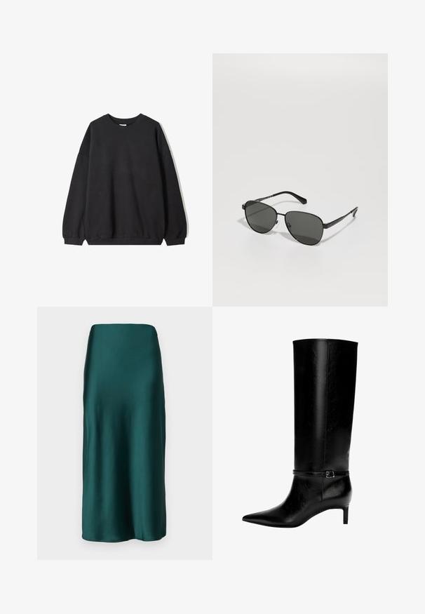 Črni oversize pulover s krožnim izrezom in dolgimi rokavi, prikazan na beli podlagi. Preprost in sproščen dizajn.; Bela srajca z dolgimi rokavi z gumbi, s koničastim ovratnikom in ukrivljenim robom, prikazana na enobarvnem ozadju.; Gina Tricot ELASTIC MIDI SKIRT - Dolgo krilo - ponderosa pine; Črne usnjene zimske škornje do kolen s koničastim nosom in majhno peto. Imajo ozko zaponko z kovinsko zaponko okoli gležnja. Gladka tekstura.; Sončna očala z črnim kovinskim okvirjem in sivo lečo, ovalne oblike, s tankimi ročaji in nastavljivimi nosnimi blazinicami. Minimalističen dizajn.; Črna usnjena torbica z edinstveno obliko ventilatorja, z ravnimi ročaji. Površina ima teksturo z drobnimi kamni in minimalističen dizajn.