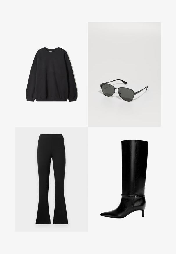 Crni oversized dukserica s okruglim izrezom i dugim rukavima, prikazana na bijeloj pozadini. Jednostavan i ležeran dizajn.; Bijela košulja dugih rukava s dugmadima, s oštrim ovratnikom i zakrivljenim rubom, prikazana na jednodavnom pozadinu.; Crne rebraste široke hlače s visokim strukom. Mekan, elastičan materijal pruža oblikovanu siluetu i široku donji dio za stil i udobnost.; Crne kožne čizme do koljena s uskim vrhom i malom petom. Imaju usku traku s metalnom kopčom oko gležnja. Glatka tekstura.; Sunglasses s crnim metalnim okvirom i sivim staklima, ovalnog oblika, s tankim drškama i podesivim nosnim jastučićima. Minimalistički dizajn.; Crna kožna torba jedinstvenog oblika ventilatora, s ravnim ručkama. Površina ima teksturu sličnu šljunku i minimalistički dizajn.