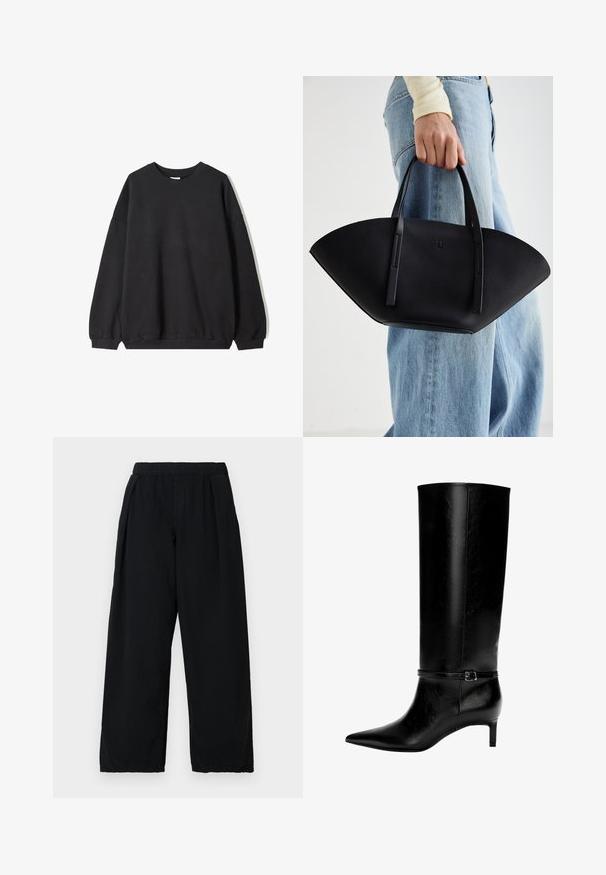 Svart oversized sweatshirt med rund hals och långa ärmar, uppvisad mot en vit bakgrund. Enkel och avslappnad design.; Vit långärmad skjorta med knappar, spetskrage och rundad nederkant, uppvisad mot en enfärgad bakgrund.; BDG Urban Outfitters BOBBI PANT - Tygbyxor - black; Svart läder knähöga stövlar med spetsig tå och en liten klack. Har ett smalt band med en metallspänne runt vristen. Slät yta.; Svart läderhandväska med en unik fläktform, som har platta handtag. Ytan har en pebblad textur och en minimalistisk design.