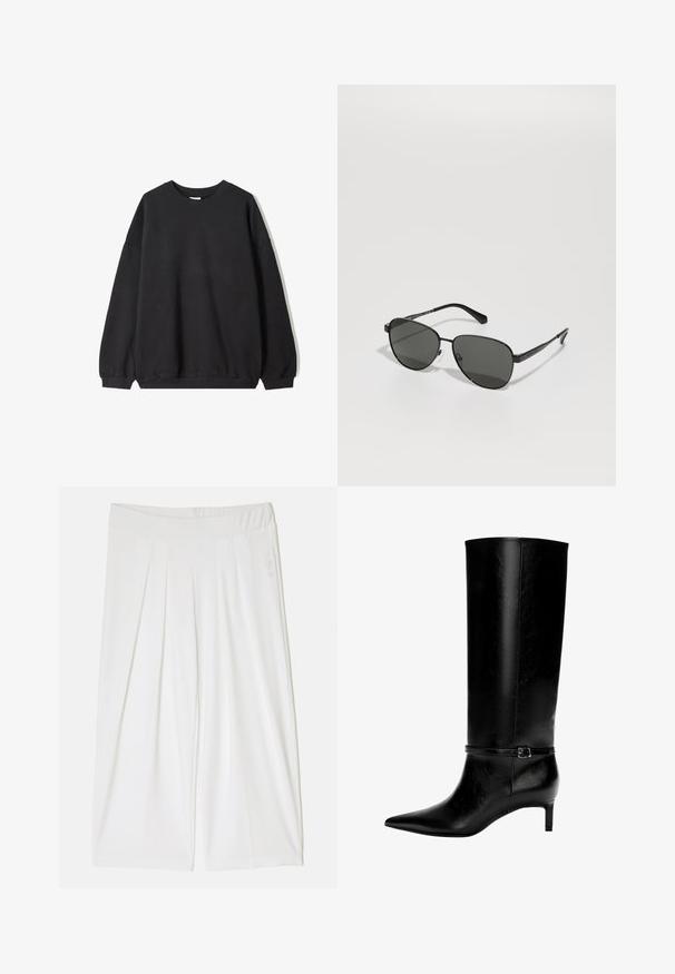 Svart oversized sweatshirt med rund hals och långa ärmar, uppvisad mot en vit bakgrund. Enkel och avslappnad design.; Vit långärmad skjorta med knappar, spetskrage och rundad nederkant, uppvisad mot en enfärgad bakgrund.; Vita plisserade culotter med ett brett, elastiskt midjeband. Den släta texturen och designen som når anklarna ökar komforten och rörelsefriheten.; Svart läder knähöga stövlar med spetsig tå och en liten klack. Har ett smalt band med en metallspänne runt vristen. Slät yta.; Svarta metallbågar solglasögon med grå linser, med oval form, tunna skalmar och justerbara nässkydd. Minimalistisk design.; Svart läderhandväska med en unik fläktform, som har platta handtag. Ytan har en pebblad textur och en minimalistisk design.