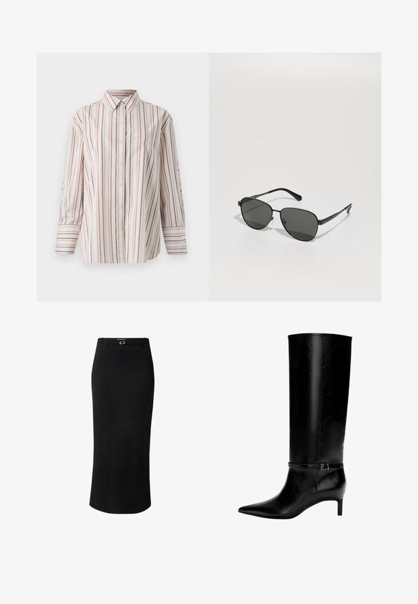 Zwarte oversized sweatshirt met een ronde hals en lange mouwen, weergegeven tegen een witte achtergrond. Eenvoudig en casual ontwerp.; Crèmekleurig overhemden met verticale strepen in rood en marineblauw. Voorzien van een borstzak, standaard kraag en lange mouwen met manchet.; Zwarte kokerrok van gladde stof, met een middellange ontwerp, riemlussen en een rechthoekige gespsluiting in zilverkleur.; Zwarte leren laarzen tot de knie met een spitse neus en een kleine hak. Voorzien van een smalle band met een metalen gesp rond de enkel. Effen textuur.; Zwarte metalen zonnebril met grijze lenzen, met een ovale vorm, dunne armen en verstelbare neusvleugels. Minimalistisch ontwerp.; Zwarte leren handtas met een unieke waaier vorm, voorzien van platte handvatten. Het oppervlak heeft een gewelfde textuur en een minimalistisch ontwerp.