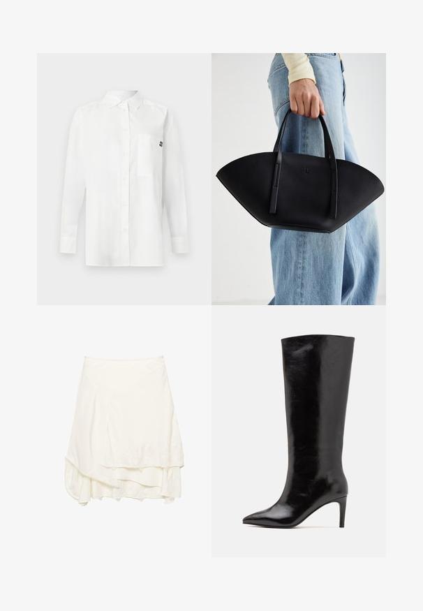 Sort oversized sweatshirt med rund hals og lange ærmer, vist mod en hvid baggrund. Simpelt og afslappet design.; Hvid langærmet skjorte lavet af bomuldsblandingsstof, med en button-down krave, brystlomme og et lille sort logo på brystet.; Hvid indpakket nederdel med lagdelt design, der har tekstureret blondedetaljer langs kanten, blødt stof og en svævende silhuet.; Call it Spring RHODDE - Højhælede støvler - black; Sort læderhåndtaske med en unik vifteform, der har flade håndtag. Overfladen har en pebblelignende tekstur og et minimalistisk design.