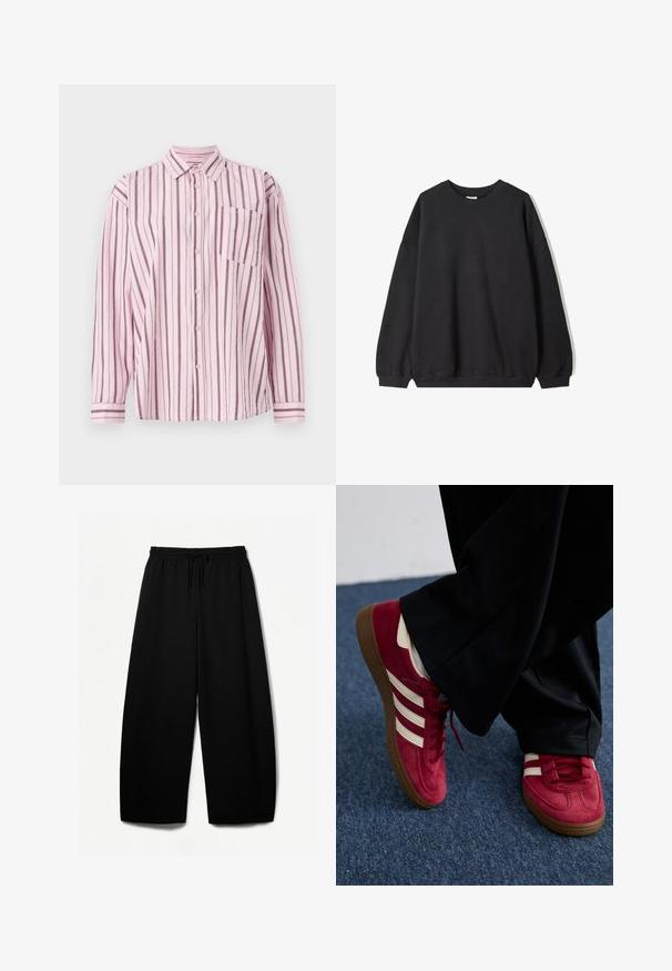 Svart oversized sweatshirt med rund hals och långa ärmar, uppvisad mot en vit bakgrund. Enkel och avslappnad design.; Rosa, vertikalt randig skjorta i lättviktsmaterial. Har en knappstängning framtill, en enda bröstfick och lång ärm med manschett.; Svarta vida byxor med elastisk midja och dragsko. Mjukt tyg med en slät textur. Rakt snitt med sido sömmar.; Röda mockasko med vita ränder, snörningsdesign och en strukturerad brun gummisula. Bärs med svarta byxor, mot en blå matta.