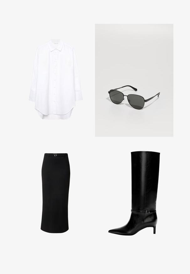 Zwarte oversized sweatshirt met een ronde hals en lange mouwen, weergegeven tegen een witte achtergrond. Eenvoudig en casual ontwerp.; Witte lange mouwen button-up shirt met een puntige kraag en een ronde zoom, gepresenteerd tegen een effen achtergrond.; Zwarte kokerrok van gladde stof, met een middellange ontwerp, riemlussen en een rechthoekige gespsluiting in zilverkleur.; Zwarte leren laarzen tot de knie met een spitse neus en een kleine hak. Voorzien van een smalle band met een metalen gesp rond de enkel. Effen textuur.; Zwarte metalen zonnebril met grijze lenzen, met een ovale vorm, dunne armen en verstelbare neusvleugels. Minimalistisch ontwerp.; Zwarte leren handtas met een unieke waaier vorm, voorzien van platte handvatten. Het oppervlak heeft een gewelfde textuur en een minimalistisch ontwerp.