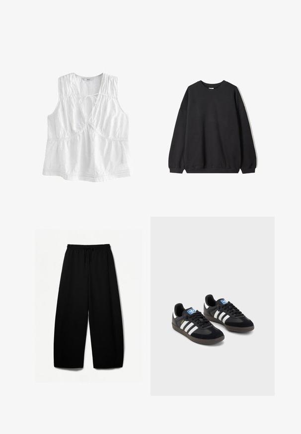 Čierna voľná mikina s okrúhlym výstrihom a dlhými rukávmi, vystavená na bielom pozadí. Jednoduchý a neformálny dizajn.; Next BRODERIE SLEEVELESS - REGULAR FIT - Blúzka - white; Čierne široké nohavice s elastickým pásom a šnúrkou na sťahovanie. Mäkko tkanina s hladkou textúrou. Priamy strih so bočnými švami.; Čierne tenisky so zvrškom z semišu a syntetického materiálu, s tromi bielymi pruhmi, štruktúrovanou gumovou podrážkou a modrou logovou etiketou na jazyku.