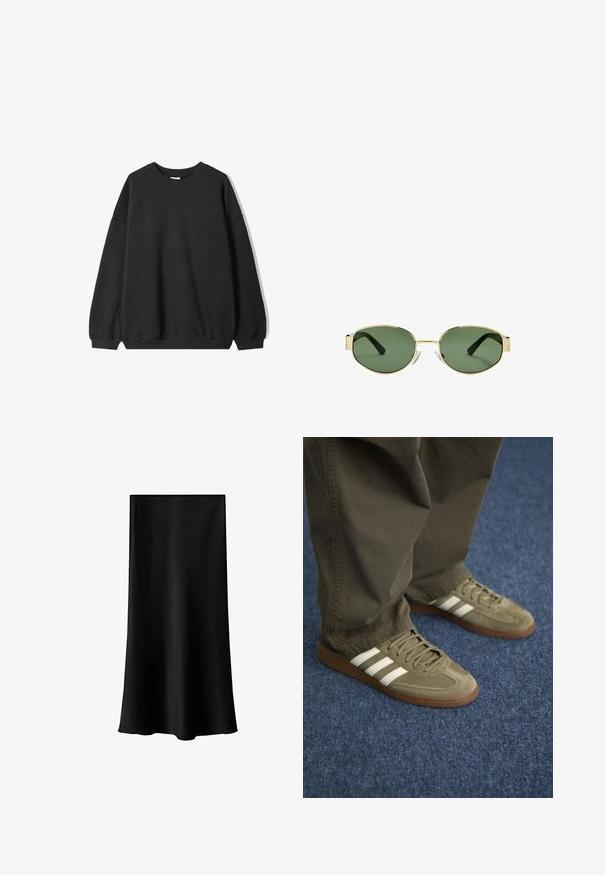 Schwarzes oversized Sweatshirt mit Rundhalsausschnitt und langen Ärmeln, vor einem weißen Hintergrund präsentiert. Einfaches und lässiges Design.; Schwarze Midischürze aus glattem, leichtem Stoff. Sie hat einen geraden Schnitt, keine sichtbaren Beschläge und ein schlichtes Design ohne Muster.; Grüne Wildledersneaker mit drei weißen Streifen, brauner Gummisohle und strukturierten Schnürsenkeln, kombiniert mit olivgrünen Hosen auf einem blauen Teppich.; Sonnenbrille mit goldfarbenem Metallrahmen, grünen getönten Gläsern, ovaler Form, schwarzen Bügeln und klaren Nasenpads. Sauberes, minimalistisches Design.