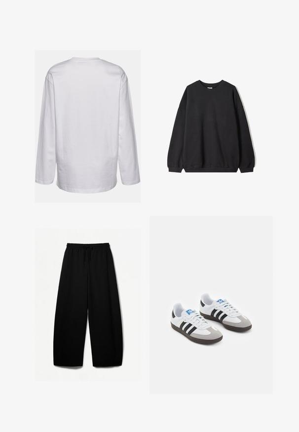 Černá oversized mikina s kulatým výstřihem a dlouhými rukávy, umístěná na bílém pozadí. Jednoduchý a neformální design.; DEF EVERYDAY - Top s dlouhým rukávem - white; Černé široké kalhoty s elastickým pasem a šňůrkou. Měkká tkanina s hladkým povrchem. Rovný střih s bočními švy.; Sportovní boty s bílým koženým svrškem, šedou semišovou špičkou a třemi černými pruhy. Obsahují modré logo na jazyku a texturovanou gumovou podrážku.