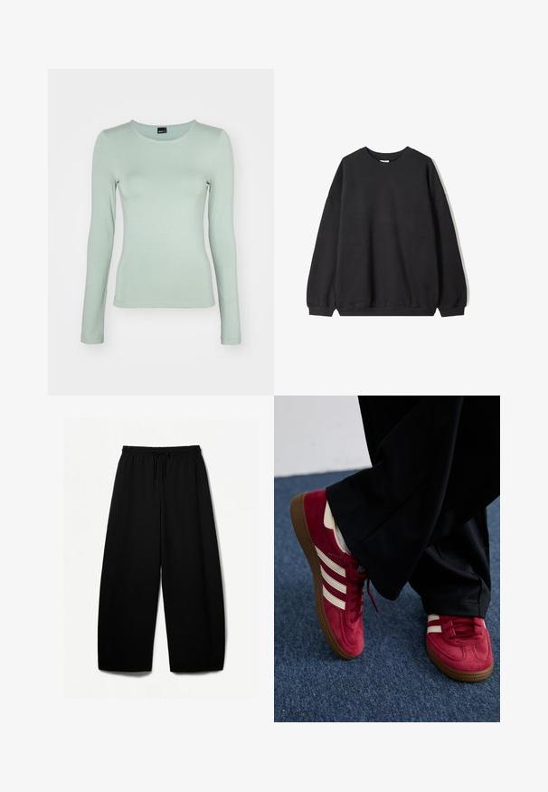 Crni oversized dukserica s okruglim izrezom i dugim rukavima, prikazana na bijeloj pozadini. Jednostavan i ležeran dizajn.; Dugi rukav svijetlozeleni top od mekog, rastezljivog materijala s okruglim izrezom i prilagođenim dizajnom, s jednostavnom teksturom i suptilnim šavovima.; Crne hlače širokih nogavica s elastičnom trakom za struk i vezicom. Mekani materijal s glatkom teksturom. Ravnog kroja s bočnim šavovima.; Crvene nubuk tenisice s bijelim prugama, s vezivanjem i hrapavim smeškim gumiranim đonom. Nošene uz crne hlače, smještene na plavom tepihu.