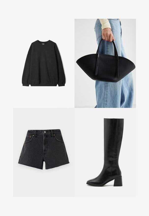 Crni oversized dukserica s okruglim izrezom i dugim rukavima, prikazana na bijeloj pozadini. Jednostavan i ležeran dizajn.; Crne traper kratke hlače s visokim strukom, pohabanom rubom, prednjim džepovima i zakovicama u boji bakra. Glatka tekstura i klasičan kroj.; ONLY SHOES ONLBIJOU KNEE HIGH BOOT - Čizme - black; Crna kožna torba jedinstvenog oblika ventilatora, s ravnim ručkama. Površina ima teksturu sličnu šljunku i minimalistički dizajn.