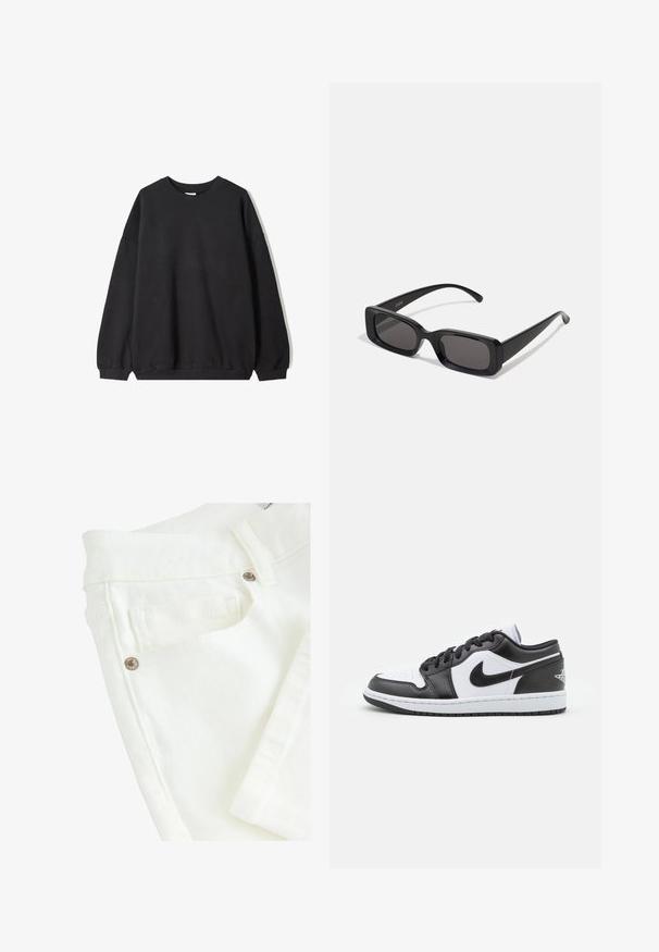 Hanorac negru oversized cu guler rotund și mâneci lungi, expus pe un fundal alb. Design simplu și casual.; Jeans din denim alb cu o textură netedă, având un talie cusută dublu, buzunare frontale și accente din hardware metalic.; Sneakers Nike cu talpă joasă, alb-negru, prezintă un superior din piele netedă, vârf rotund, închidere cu șireturi și o talpă din cauciuc cu model.; Ochelari de soare negri, cu ramă rectangulară, lentile întunecate, finisaj lucios, brațe late și un design masiv. Numele mărcii gravat pe una dintre brațe.