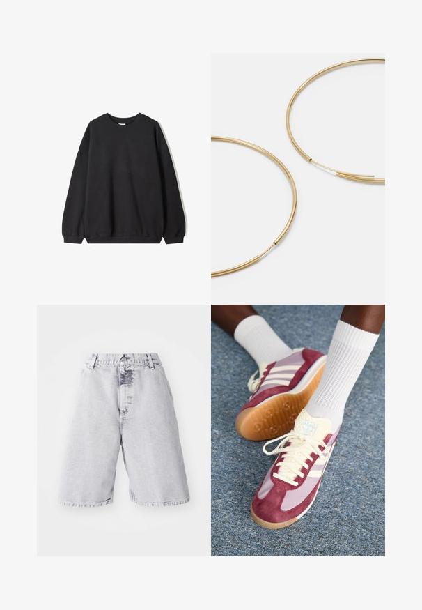 Zwarte oversized sweatshirt met een ronde hals en lange mouwen, weergegeven tegen een witte achtergrond. Eenvoudig en casual ontwerp.; Leren denim shorts in lichtgrijs met een vervaagde textuur. Voorzien van een knoop- en ritssluiting, riemlussen en een recht pasvorm.; Sneakers met een bordeauxrode suède en lichtpaarse uitstraling, voorzien van drie witte strepen, crèmekleurige veters en een gestructureerde gele tong. Rubberen zool.; Gouden oorringen, dun en rond van vorm, met een gladde metallic afwerking en zonder versieringen of patronen.