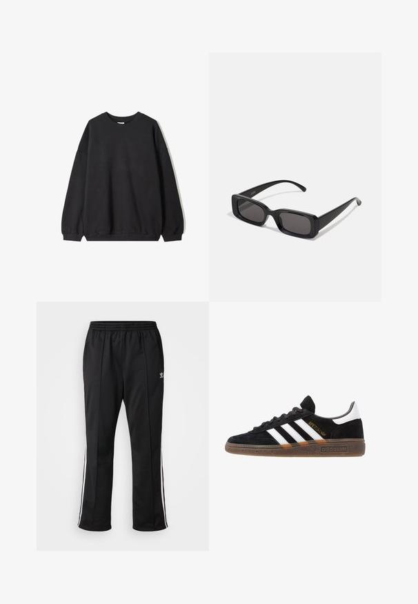 Black oversized sweatshirt with a crew neck and long sleeves, displayed against a white background. Simple and casual design.; Black athletic pants with an elastic waistband, featuring white side stripes and a small logo on the left thigh. Smooth, polyester fabric.; Black Adidas sneaker with white stripes, gold "Spezial" text, gum sole, and white heel tab, shown in profile view.; Black rectangular sunglasses with dark lenses, glossy finish, wide arms, and a chunky frame design. Engraved brand name on one arm.