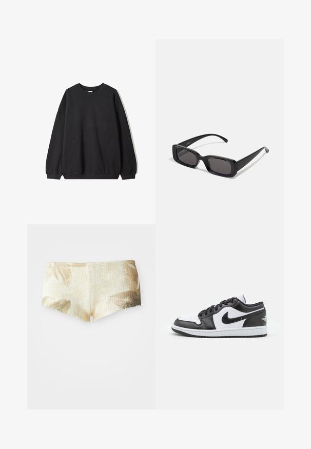 Crni oversized dukserica s okruglim izrezom i dugim rukavima, prikazana na bijeloj pozadini. Jednostavan i ležeran dizajn.; Pleteni šorc u svijetlo bež boji s cvjetnim uzorkom. Ima teksturiranu površinu i valoviti rub. Mekana i lagana tkanina.; Crno-bijele Nike niske tenisice imaju glatku kožnu gornjište, okrugli vrh, vezanje na vezice i uzorčeni gumeni potplat.; Crne pravokutne sunčane naočale s tamnim lećama, sjajnim završetkom, širokim drškama i masivnim okvirom. Ugraviran naziv branda na jednoj dršci.