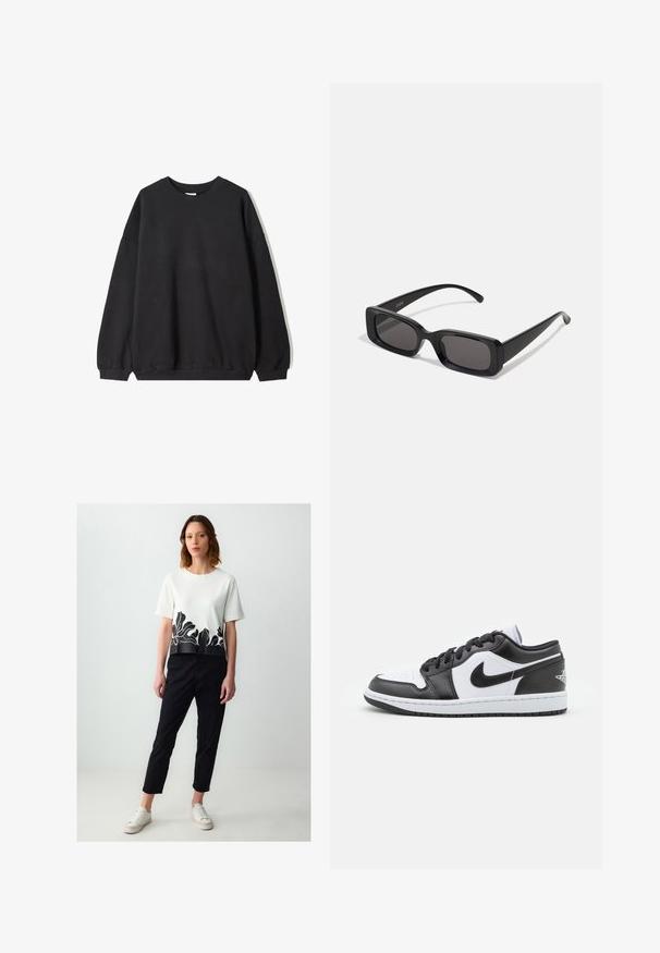 Schwarzes oversized Sweatshirt mit Rundhalsausschnitt und langen Ärmeln, vor einem weißen Hintergrund präsentiert. Einfaches und lässiges Design.; Gek Cropped-Top in Weiß mit kurzen Ärmeln und einem schwarzen Blumenmuster am Saum, kombiniert mit schwarzen, taillierten Hosen und weißen Sneakern.; Schwarz-weiße Nike Low-Top-Sneaker verfügen über ein glattes Leder-Obermaterial, eine runde Zehenpartie, eine Schnürung und eine gemusterte Gummisohle.; Schwarze rechteckige Sonnenbrille mit dunklen Gläsern, glänzender Oberfläche, breiten Bügeln und einem klobigen Rahmen-Design. Gravierter Markenname auf einem Bügel.