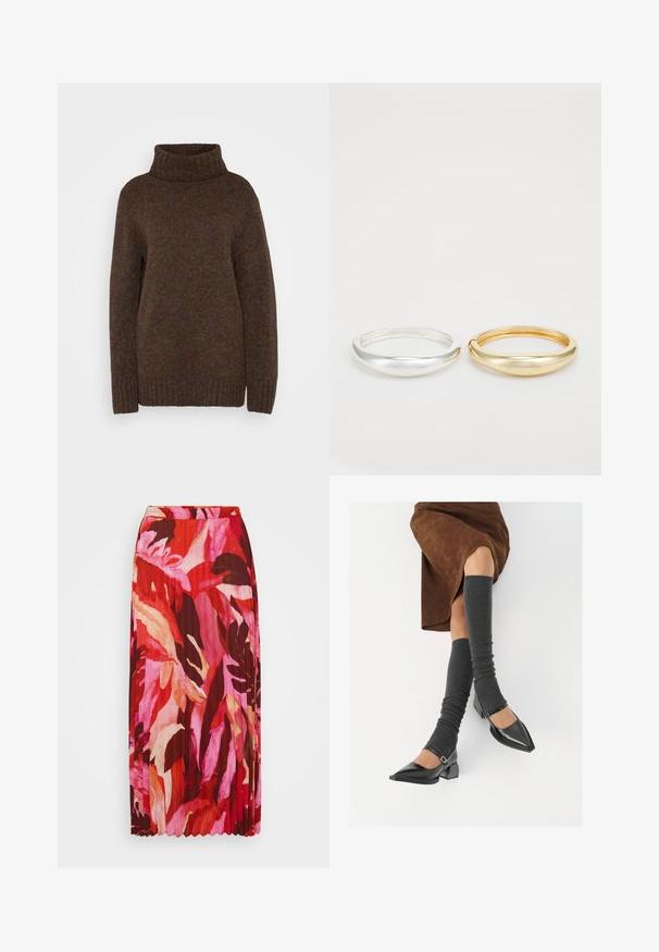 Pulover tricotat de culoare maro, cu guler înalt cu nervuri, croială lejeră și țesătură texturată ce prezintă firicele multicolore discrete pe toată suprafața.; Fustă maxi pliată, cu un design floral vibrant în nuanțe de roșu, roz și crem; confecționată dintr-un material ușor, cu un corset elastic.; Pantofi negri din piele lacuită, cu vârful ascuțit, toc bloc și curea la glezna, asortați cu jambiere gri cu nervuri și o fustă din suede maro.; Zign 2 PACK - Brăţară - gold-coloured/silver-coloured