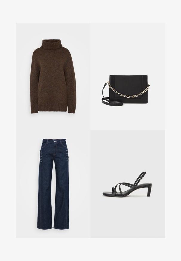 Rjava pletena pulover s visokim rebrastim ovratnikom, ohlapnim krojem in teksturiranim materialom, ki ima subtilne večbarvne pege po celotni površini.; Temno modri široki kavbojke z dekorativnimi vezmi ob straneh, kontrastnim oranžnim šivanjem in klasičnim petim žepnim oblikovanjem.; Črne natikače s trakovi in kvadratnim prstom ter nizkim blokastim peto. Imajo več tankih trakov in nastavljiv trak okoli gležnja. Narejene so iz gladkega usnja.; Črna usnjena torba čez ramo z gladko teksturo, pravokotno obliko in kovinskim verižnim detajlom spredaj. Vključena je nastavljiva naramnica.