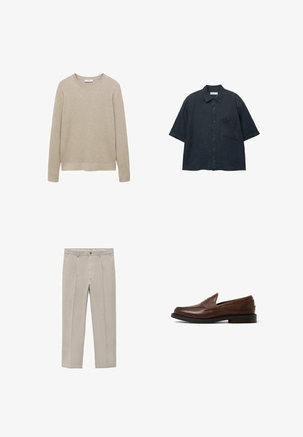 Beige ribbeltrui met lange mouwen, ronde hals en een afgesneden zoom. De stof lijkt zacht met een textuurpatroon.; Donkerblauwe kortekapas button-up shirt van lichtgewicht stof, met een borstzak en een klassiek kraagontwerp.; Lichtbeige broeken van een katoenmix, met een rechte pijpdesign, voorplooien, een knoopsluiting en zijzakken.; Bruine leren instappers met een rond teentje, inset stikdetails en een lage gestapelde hak. Glad textuur en minimalistisch ontwerp.