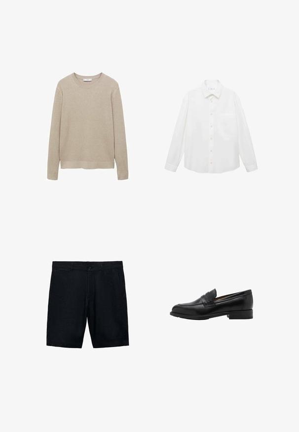 Pulover bej tricotat cu dungi, cu mâneci lungi, guler rotund și tiv asimetric. Țesătura pare moale, având un model texturat.; Mango ANTARES - Cămașă - white; Pantaloni scurți negri din in, cu față plată, buzunare laterale și închidere cu un singur nasture; textură netedă și design tailored.; Loafers negri din piele cu vârf brodat și toc plat. Textură netedă, cu vârf rotund și o curea decorativă pe instep.