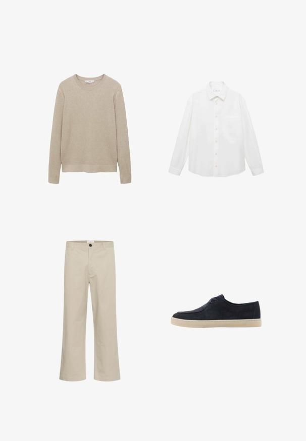 Bežani rebrasti pleteni džemper s dugim rukavima, okruglim izrezom i izrezanim rubom. Tkanina izgleda mekano s teksturiranim uzorkom.; Mango ANTARES - Majica - white; Bež hlače širokih nogavica od pamuka, s prednjim zatvaranjem na dugme, petljama za remen i glatkom, neukrasnom završnom obradom.; Mornarsko plava nubuk cipela s okruglim vrhom, s dva provrta za vezivanje, i kremasto bijelom gumenom potplatom. Glatka tekstura i minimalistički dizajn.