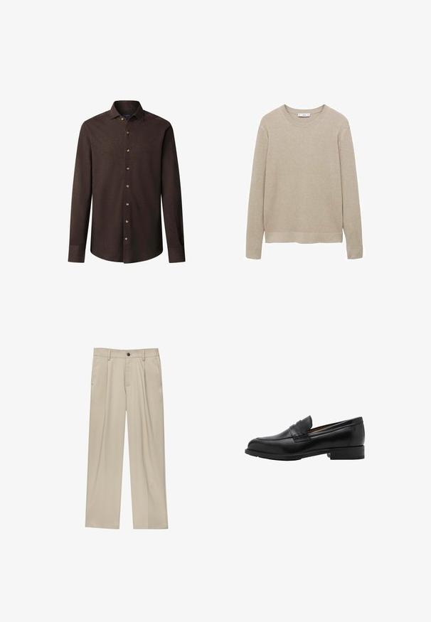 Beige ribbed knit sweateri, jossa on pitkät hihat, pyöreä pääntie ja leikattu helma. Kangas näyttää pehmeältä tekstuurilla.; Tummanruskea pitkähihainen nappipaitapusero, jossa on terävä kaulus ja hillitty brodeerattu logo vasemmassa rinnassa.; Beige-housut suoran leikkauksen omaavina, joissa on yksi musta nappi, vyölenkit ja sivutaskut. Sileä kangas ja minimalisti muotoilu.; Mustat nahka loafersit, joissa on ommeltu etuosa ja litteä korko. Sileä pintakuvio, pyöristetty kärki ja koristeellinen nauha jalkapöydän yli.